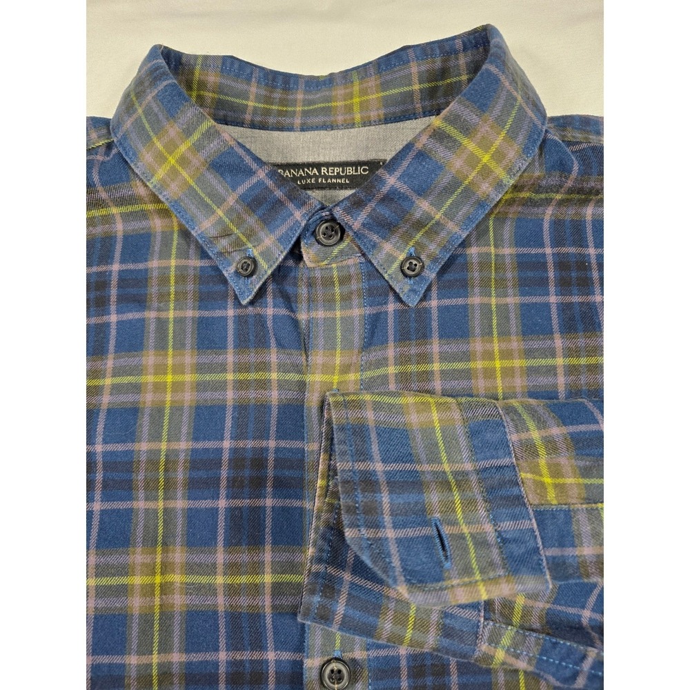 Banana Republic Luxe Flannel Camden Fit Mens Large Blue Plaid Button Down Shirt